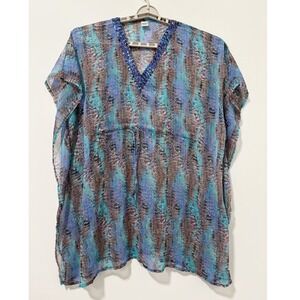 Highness Kaftan Cover Up Women One Size Blue Sequin V-Neck Metallic Snakeskin